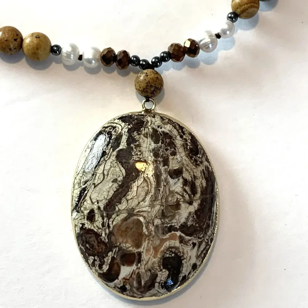 Vtg Agate Cultured Pearl Necklace Polished Gemstones Bold Southwest Statement - Picture 5 of 13